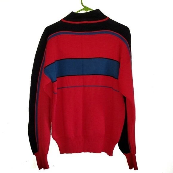 vintage 80s Meister 1/4 Zip Red Blue Black Mock Neck Wool Blend Ski Sweater M. - Picture 5 of 8